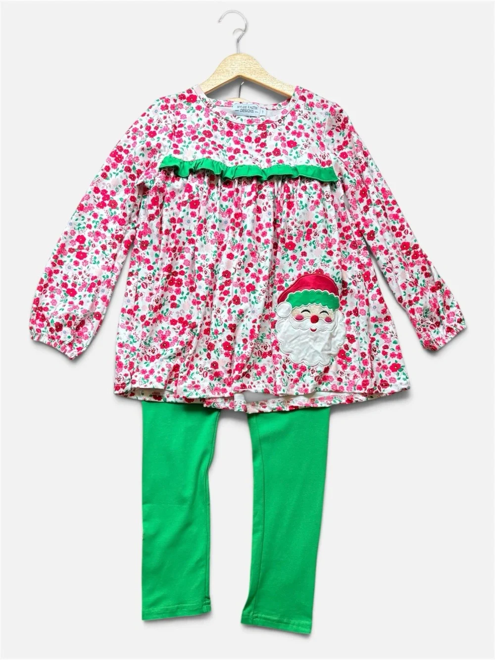 Rylee Faith Girls' Floral Santa Tunic with Green Leggings Holiday Set